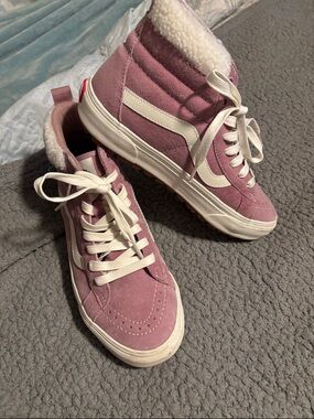 Vans Pink Suede High-Top Sneakers with Cream Shearling Trim